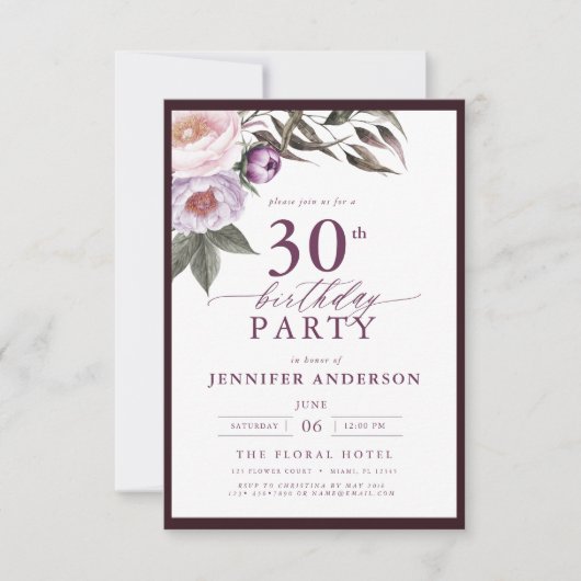 Invitation Élégant Plum violet Script floral 30e anniversaire (Devant)