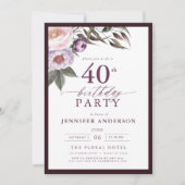 Invitation Élégant Plum violet Script floral 40e anniversaire (Devant)