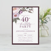 Invitation Élégant Plum violet Script floral 40e anniversaire (Debout devant)
