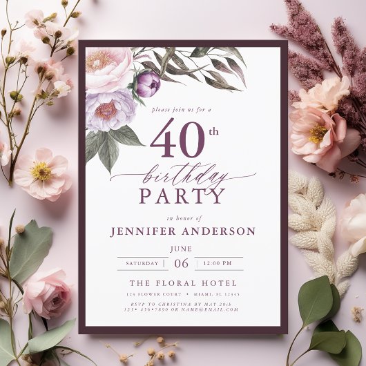 Invitation Élégant Plum violet Script floral 40e anniversaire