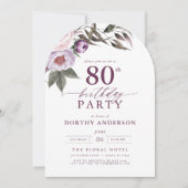 Invitation Élégant Plum violet Script floral 80e anniversaire (Devant)