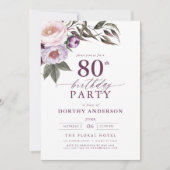 Invitation Élégant Plum violet Script floral 80e anniversaire (Devant)