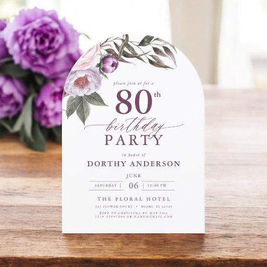 Invitation Élégant Plum violet Script floral 80e anniversaire