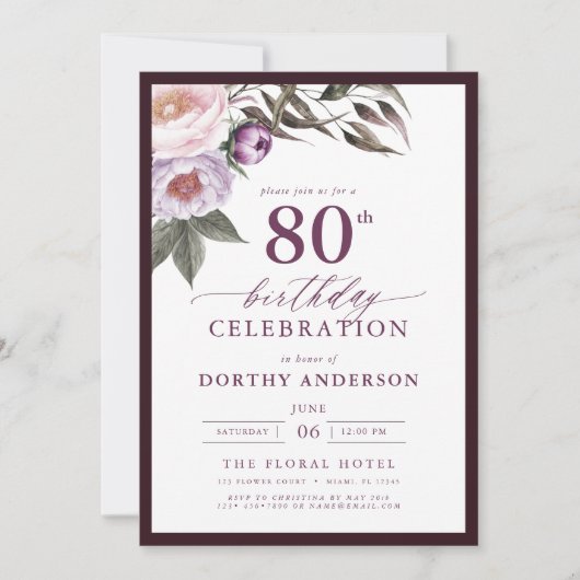 Invitation Élégant Plum violet Script floral 80e anniversaire (Devant)