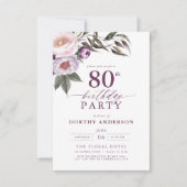 Invitation Élégant Plum violet Script floral 80e anniversaire (Devant)