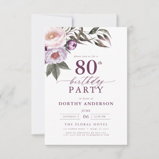 Invitation Élégant Plum violet Script floral 80e anniversaire (Devant)