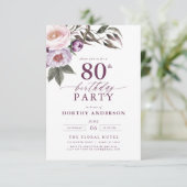 Invitation Élégant Plum violet Script floral 80e anniversaire (Debout devant)