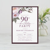 Invitation Élégant Plum violet Script floral 90e anniversaire (Debout devant)