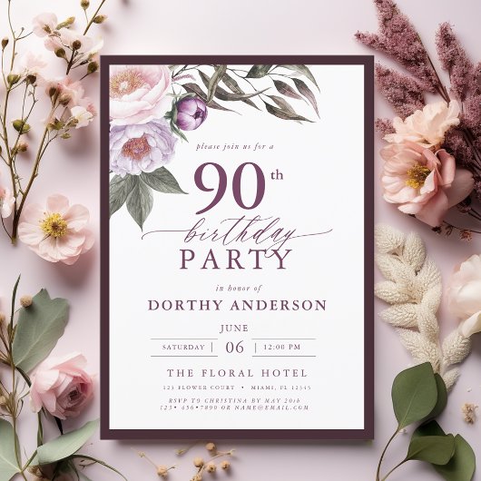 Invitation Élégant Plum violet Script floral 90e anniversaire