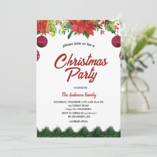 Invitation Élégant Poinsettia Aquarelle Fête de Noël Rouge
