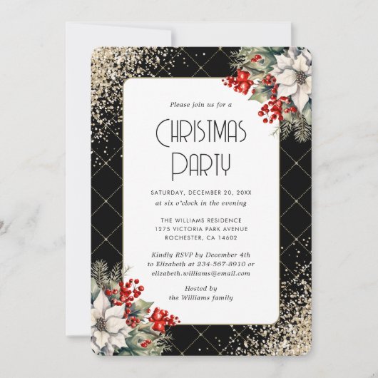 Invitation Elegant Poinsettia Holly Berries Christmas Party (Devant)
