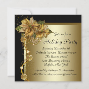 Invitation Élégant Poinsettia Or Noir Fête de Noël