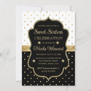 Invitation Élégant pois noirs et blancs Sweet Sixteen