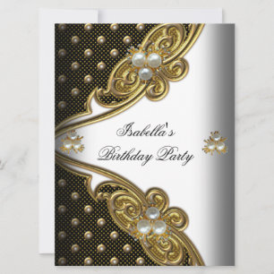Invitation Élégant Pois White Black Gold Party