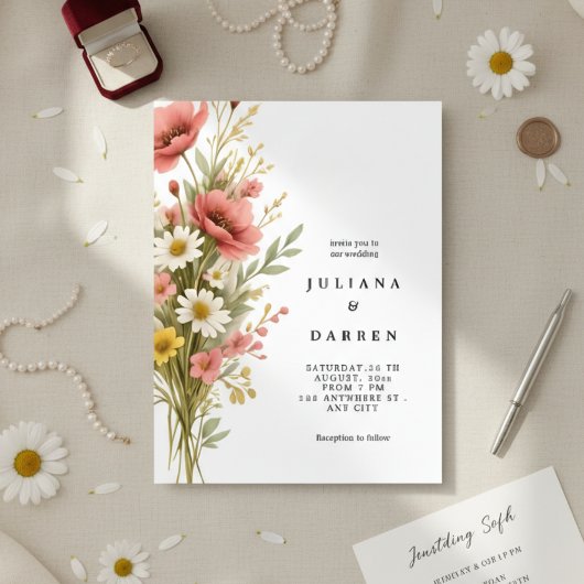 Invitation Elegant Poppy Daisy Bouquet Rustic Floral Wedding 