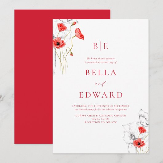 Invitation Élégant Poppy Red Monogram Floral Foral Mariage (Devant / Derrière)