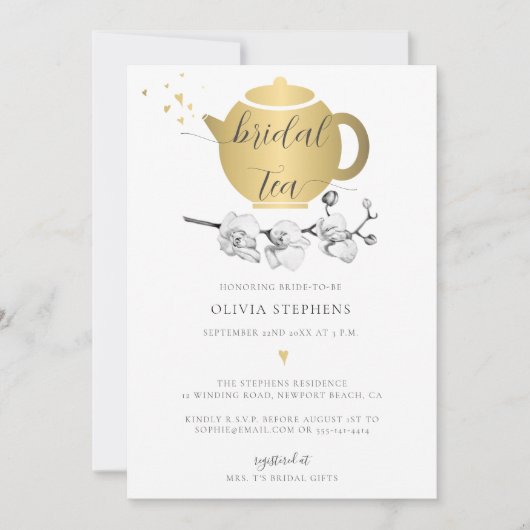 Invitation Elégant Pot Coeurs Or Moderne Tea de Mariage Orchi (Devant)