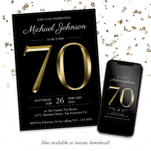 Invitation Elégant pour lui Gold Black 70e anniversaire