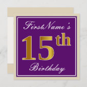 Invitation Elégant, pourpre, Faux Gold 15e anniversaire + Nom (Devant / Derrière)