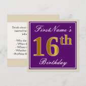 Invitation Elégant, pourpre, Faux Gold 16ème anniversaire + N (Devant / Derrière)