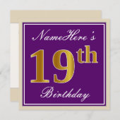 Invitation Elégant, pourpre, Faux Gold 19e anniversaire + Nom (Devant / Derrière)
