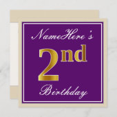 Invitation Élégant, pourpre, Faux Gold 2e anniversaire + nom (Devant / Derrière)