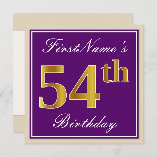 Invitation Elégant, pourpre, Faux Gold 54e anniversaire + Nom (Devant / Derrière)
