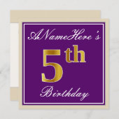 Invitation Elégant, pourpre, Faux Gold 5e anniversaire + nom (Devant / Derrière)