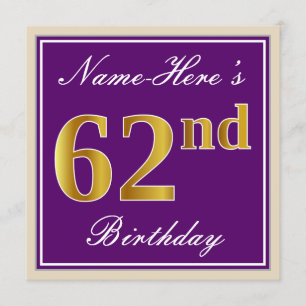 Invitation Elégant, pourpre, Faux Gold 62e anniversaire + Nom