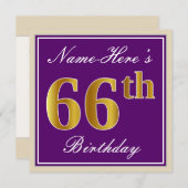 Invitation Elégant, pourpre, Faux Gold 66e anniversaire + Nom (Devant / Derrière)