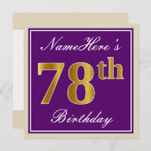 Invitation Elégant, pourpre, Faux Gold 78e anniversaire + Nom (Devant / Derrière)