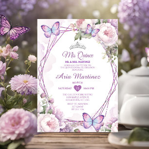 Invitation Élégant Poussiéreux Violet Floral Papillon Mis Qui