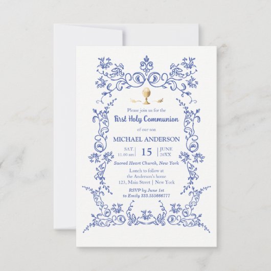 Invitation Élégant Première communion or calice victorien ble (Devant)