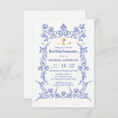 Invitation Élégant Première communion or calice victorien ble (Devant / Derrière)