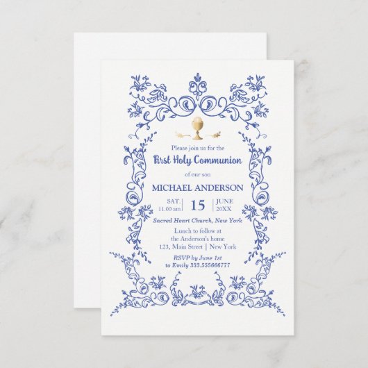 Invitation Élégant Première communion or calice victorien ble (Devant / Derrière)