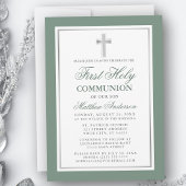 Invitation Élégant Première Sainte Communion Sage Vert Argent
