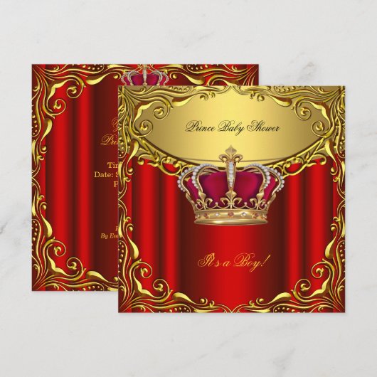 Invitation Élégant Prince Baby shower Regal Red Gold Boy (Devant / Derrière)