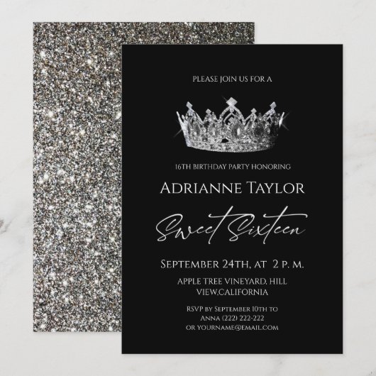Invitation Elégant Princesse Noir Blanc Douce 16  (Devant / Derrière)