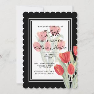 Invitation Elégant printemps Rouge Tulipe Flore Noir 55e anni