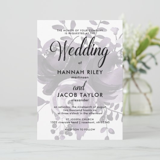 Invitation Élégant prune et gris avec Mariage Floral et Dots (Debout devant)