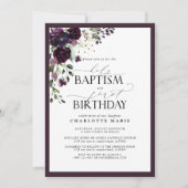 Invitation Élégant prune violet Baptême floral 1er anniversai (Devant)