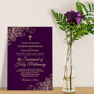 Invitation Élégant prune violet & or Mariage catholique moder