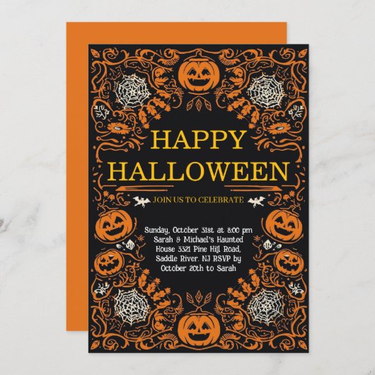 Invitation Elegant Pumpkin & Cobweb Halloween Costume Party  (Devant / Derrière)