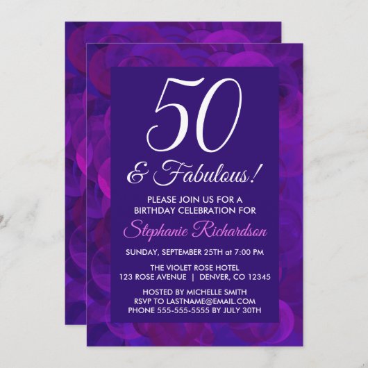 Invitation Elégant Purple 50 & Fabuleux fête d'anniversaire (Devant / Derrière)