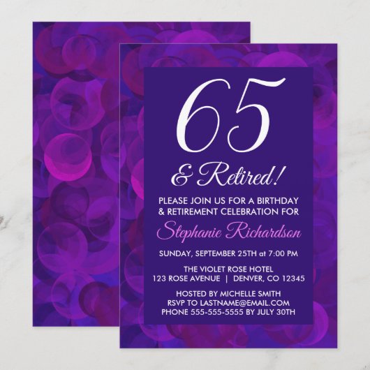 Invitation Elegant Purple 65 et Fête de Retraite Retraitée (Devant / Derrière)