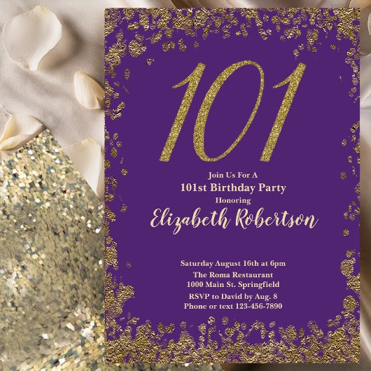Invitation Elegant Purple and Gold 101st Birthday