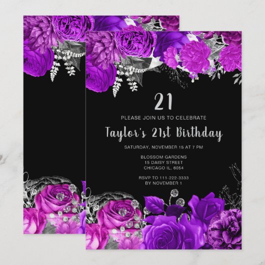 Invitation Elegant Purple and Silver Flowers Birthday Party (Devant / Derrière)