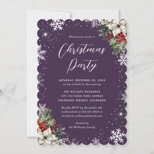 Invitation Elegant Purple Botanical Snowflake Christmas Party (Devant)