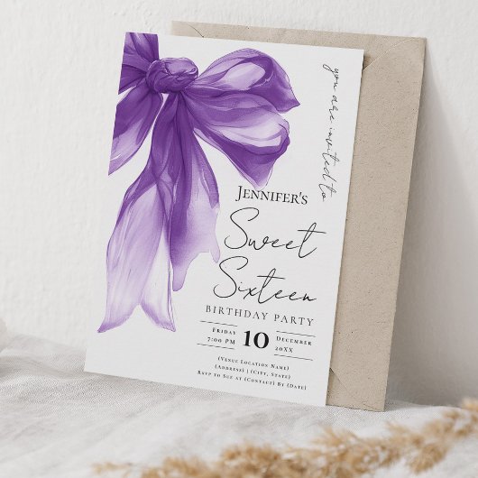 Invitation Elegant Purple Bow Coquette Script Sweet 16 Party 