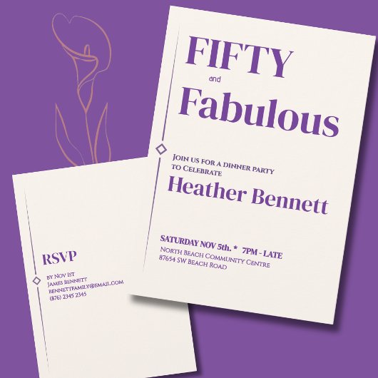 Invitation Elegant Purple Cream Fifty Fabulous Birthday